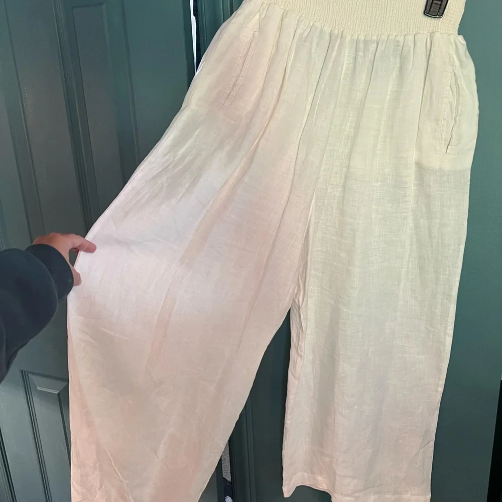 White Smocked Waist Linen Pants - Picture 1 of 5